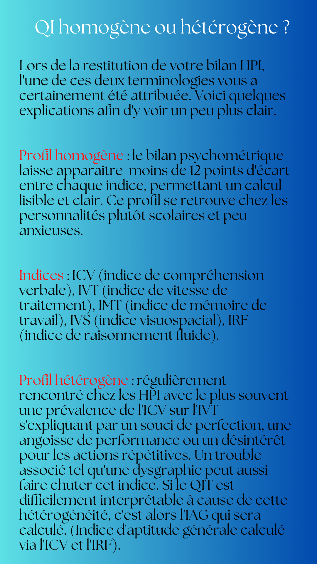 Différenciation QI homogène et hétérogène dans test de QI cabinet psychothérapie Potentielité