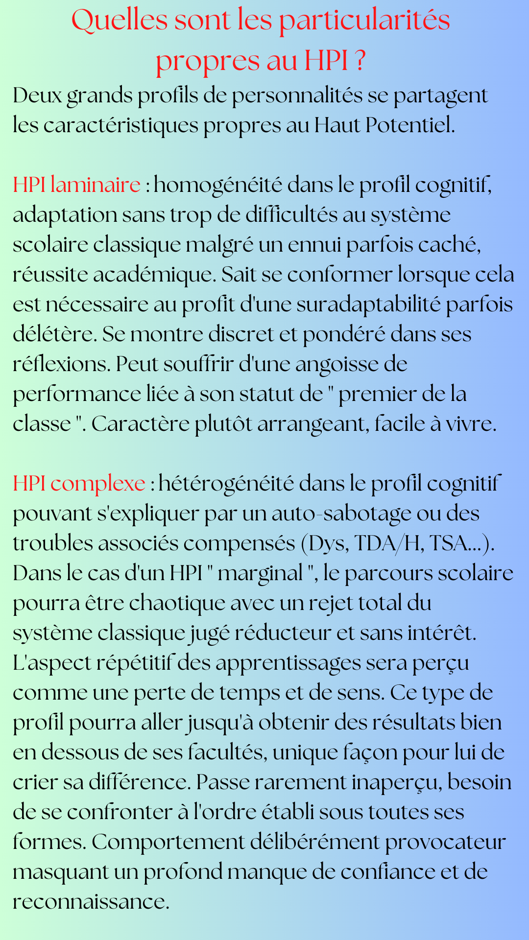 Description des particularités propres au HPI cabinet psychothérapie coaching Potentialité