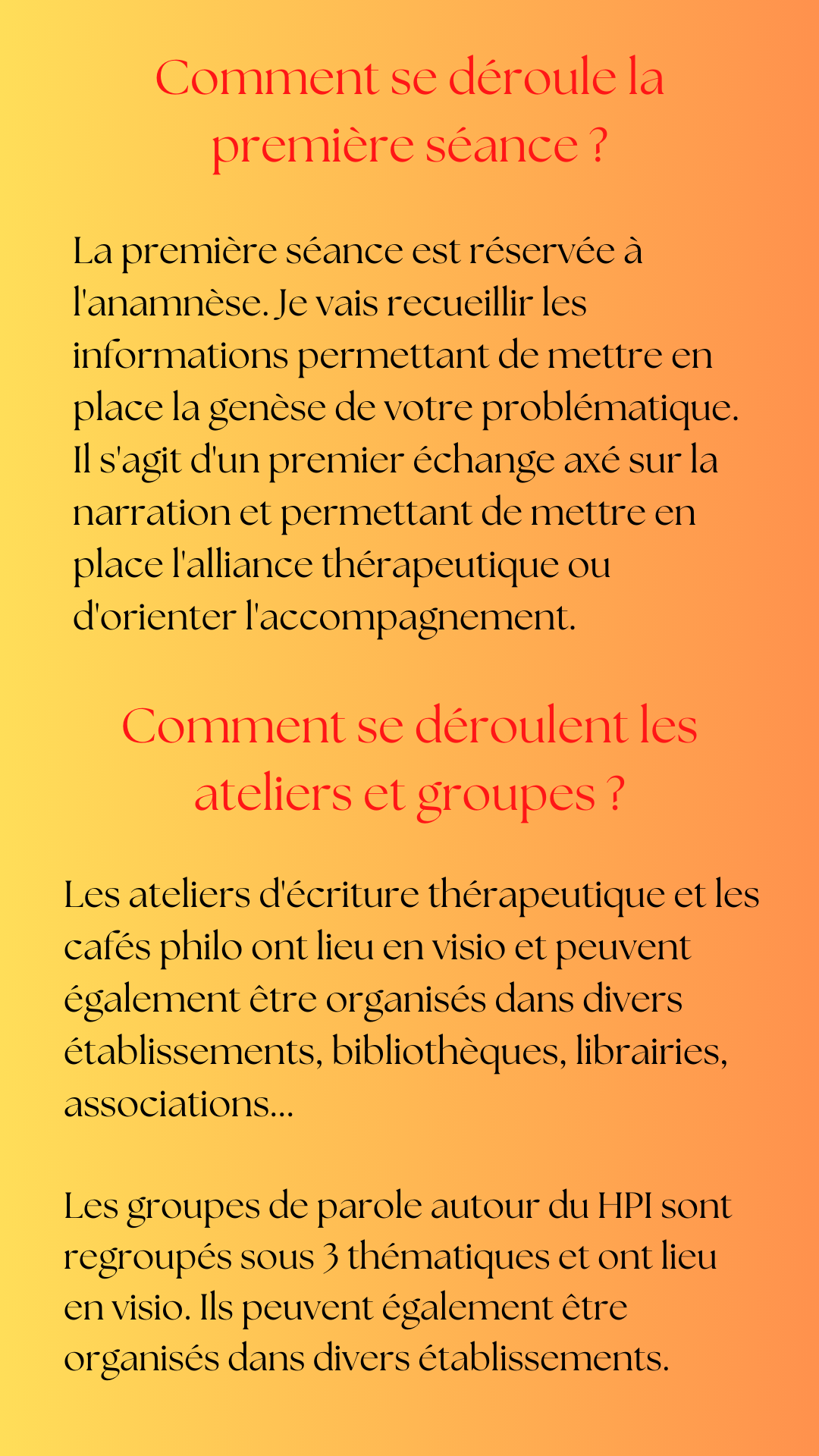 Déroulement des séances de psychothérapie et coaching avec le cabinet Potentialité Haut Potentiel et neuroatypies