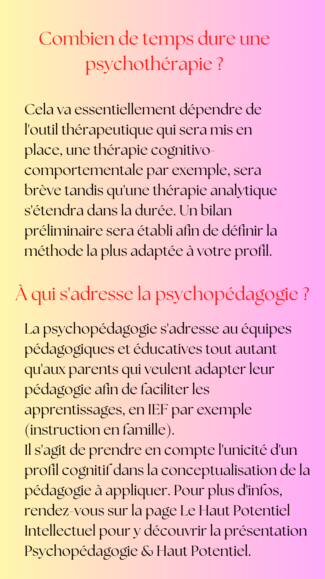 Durée psychothérapie au cabinet Potentialité Haut Potentiel Intellectuel neuroatypies